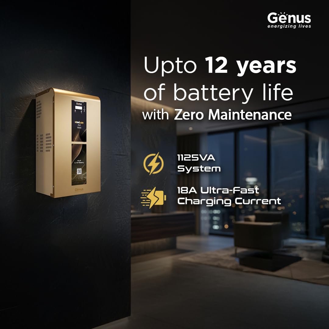 Genus MaxiLion Air 1500 Inverter 1125 VA with Upto 12 Year Life Integrated 1280Wh Lithium-Ion Battery for Home Office & Shop - Full 5 Year Product Warranty