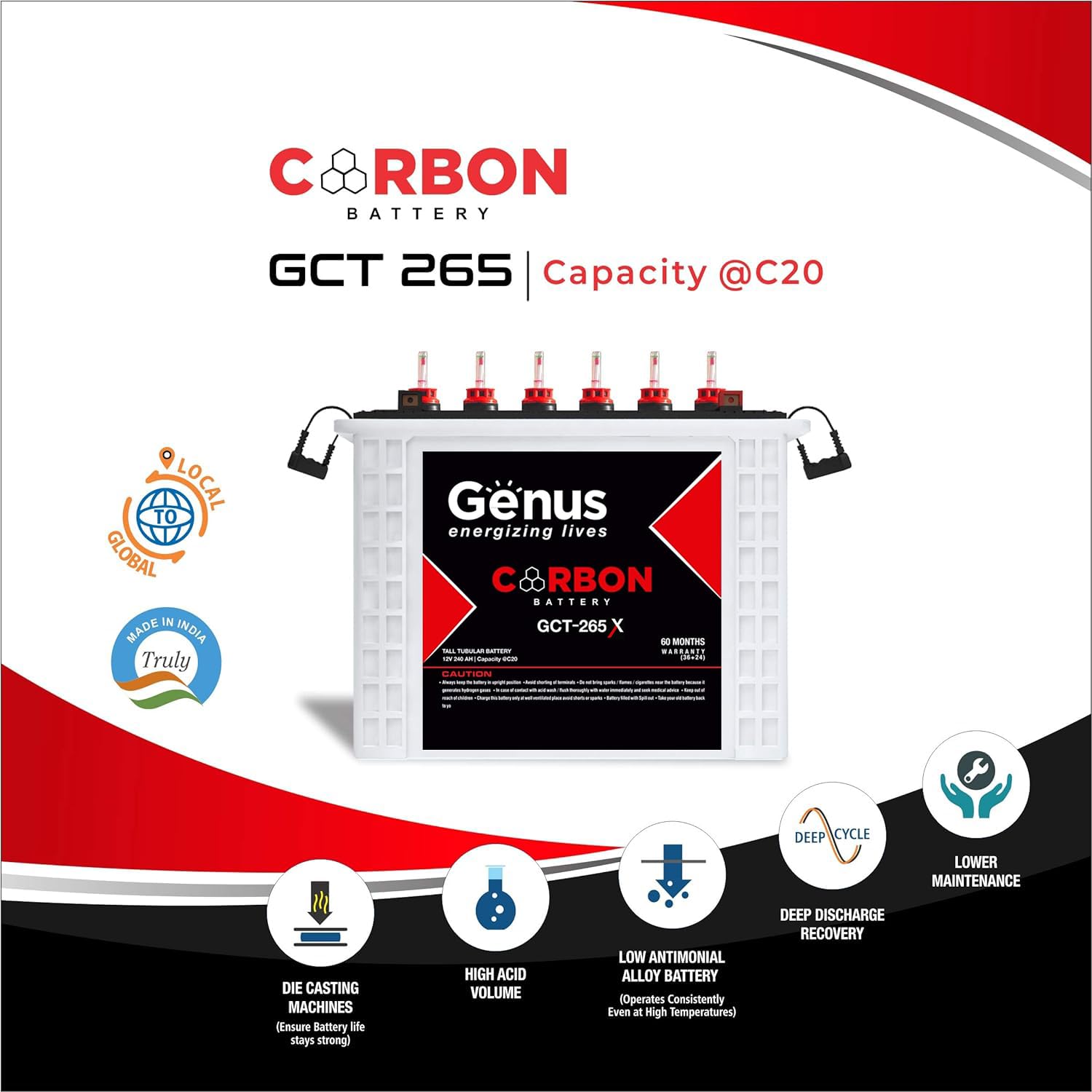 Genus Carbon GCT265X Tall Tubular 240 AH Inverter Battery for Home and Office, 60 Months Warranty with Nano Technology