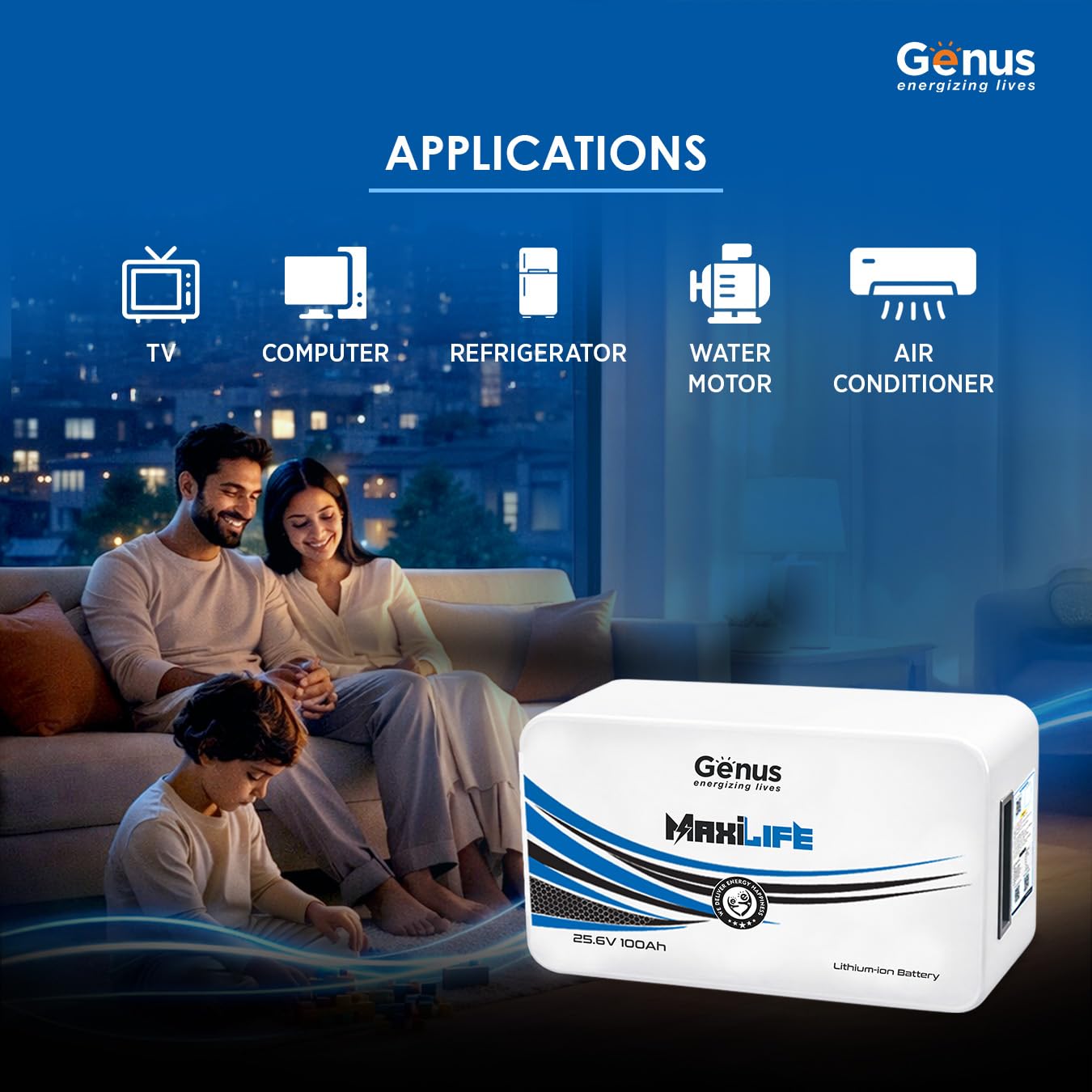 Genus MaxiLife Lithium-Ion 25.6V 100Ah LiFePO4 Inverter Battery for Home