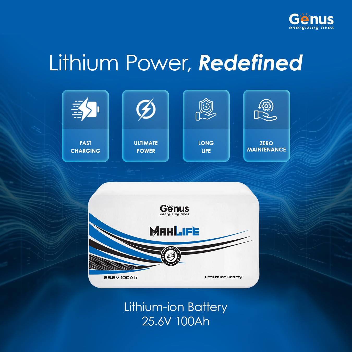 Genus MaxiLife Lithium-Ion 25.6V 100Ah LiFePO4 Inverter Battery for Home