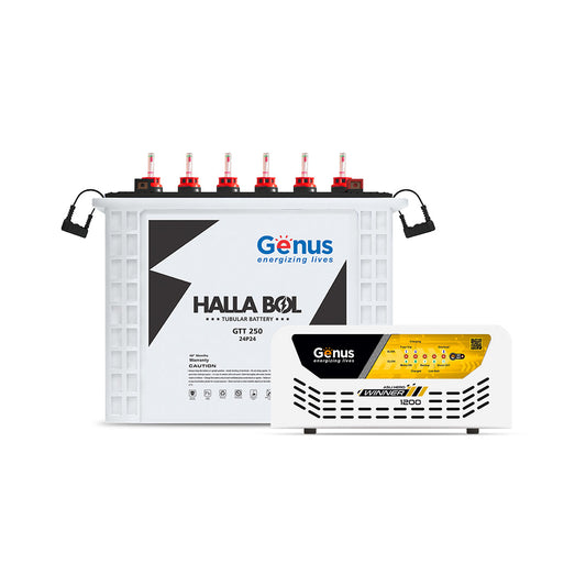 Genus Inverter with Battery Combo (Inverter: Winner 1200 / Pure Sine Wave / 900VA / 12V / 3 Year Warranty || Battery: GTT250 / TT Battery / 220 Ah / 48M Warranty) Best for Home, Office & Shops
