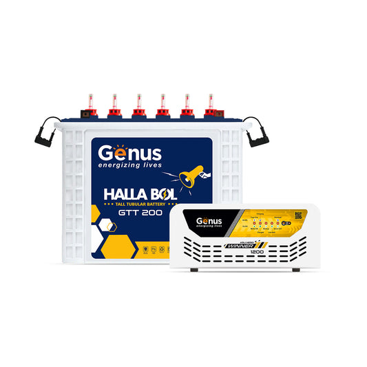 Genus Inverter with Battery Combo (Inverter: Winner 1200 / Pure Sine Wave / 900VA / 12V / 3 Year Warranty || Battery: GTT200 / TT Battery / 165 Ah / 72M Warranty) Best for Home, Office & Shops