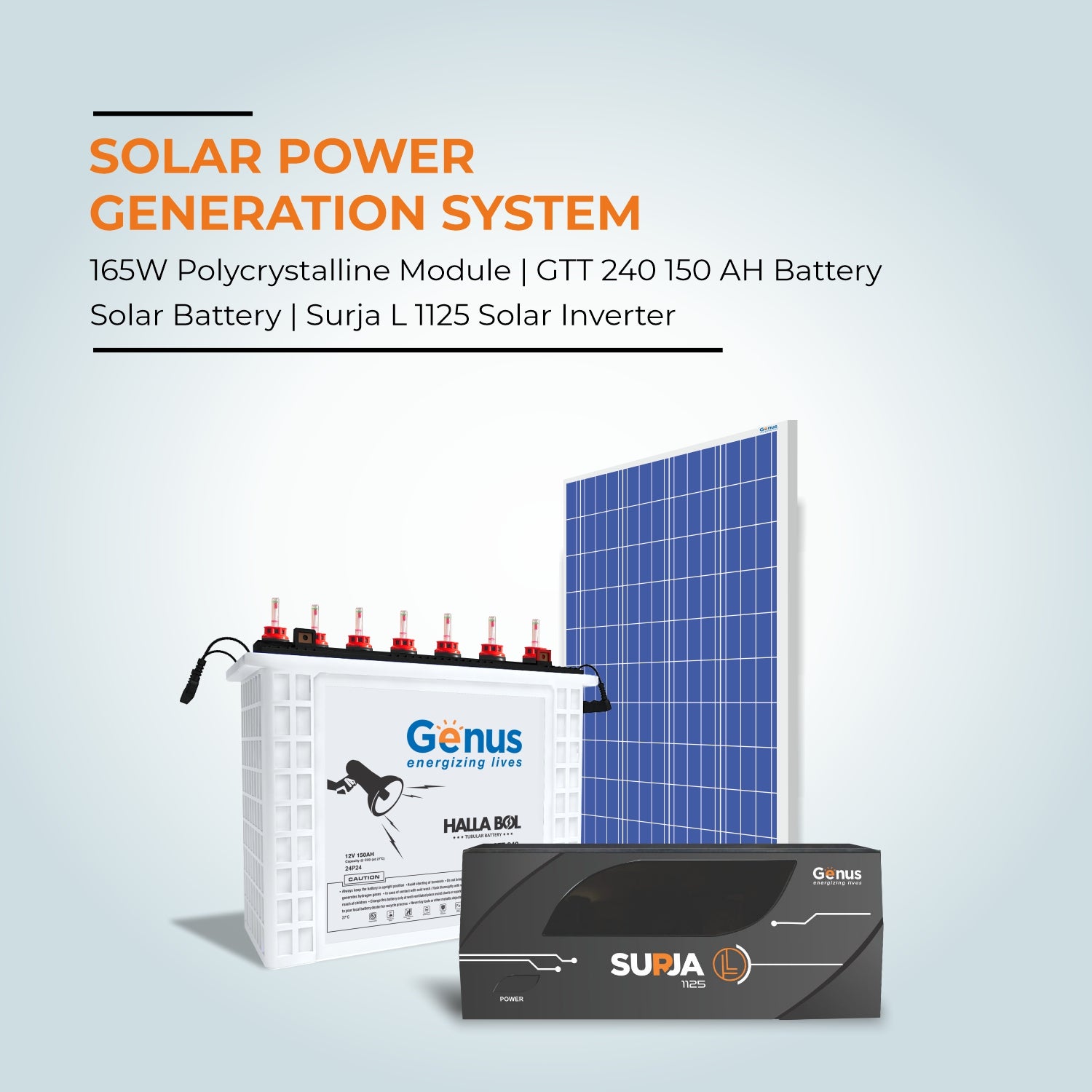 Genus solar combo with solar UPS, GTT240 battery, solar panel – Genus ...